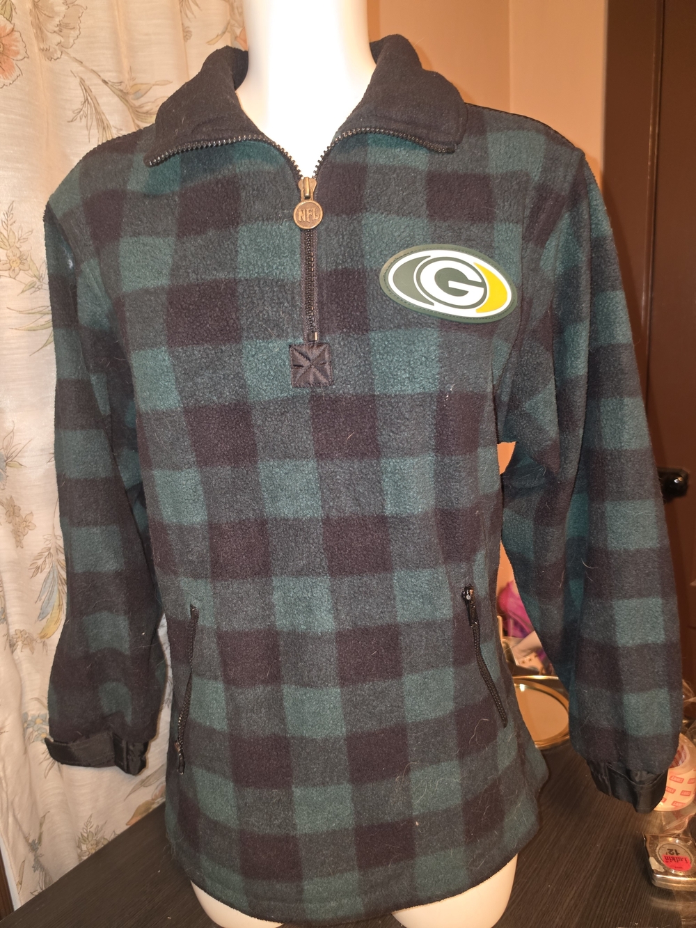 Vintage NFL Green Bay Packers Plaid Quarter-Zip Fleece Pullover
